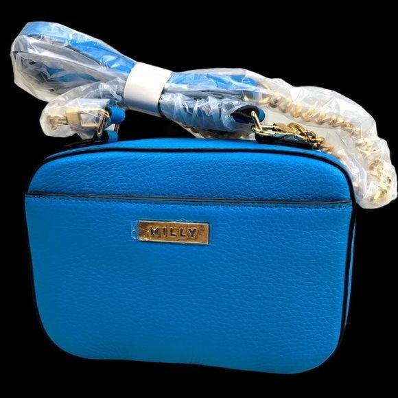 NWT Milly Bright Blue Gold Genuine Pebbled Leather Mini Satchel Purse Handbag - Picture 9 of 12